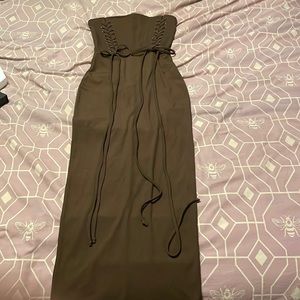 Brown strapless lace down tie detail midi dress